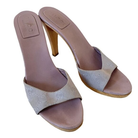 VTG Gucci Lilac Purple Canvas Slip On Wooden Mules GG Logo Women's Sz 6 - Picture 1 of 12